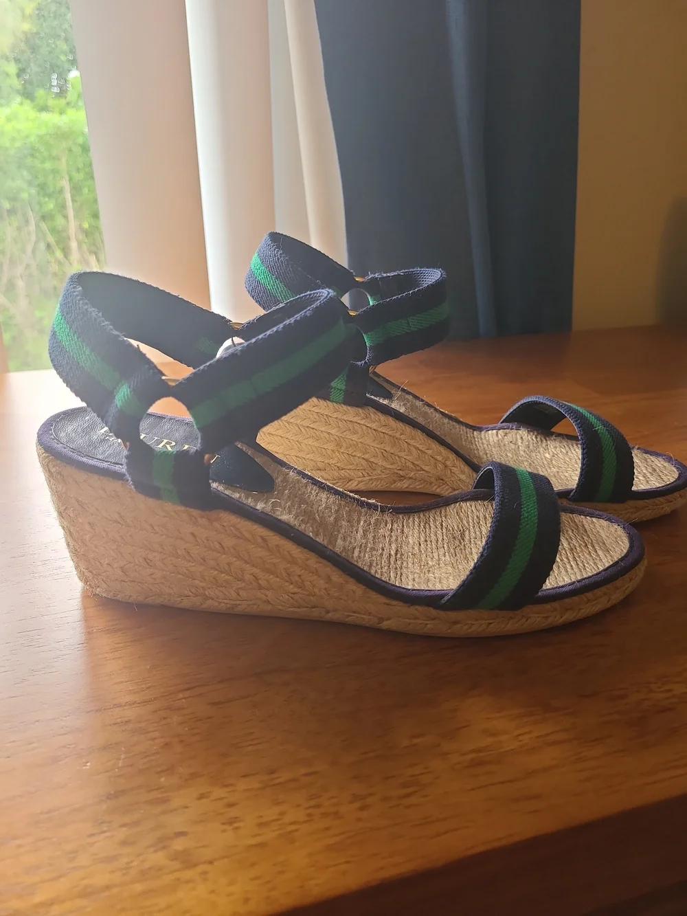 Lauren Ralph Lauren Navy and Green Striped Espadrille Wedges